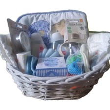 Blue baby shower hamper baby woven basket newborn mum to be boxed gift set boys 