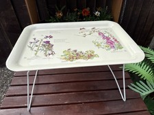 Vintage Folding Tray Country Garden Flowers  Metal Picnic Camping Breakfast
