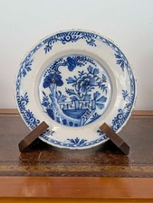 Antique Dutch Delft blue & white tin glazed plate with chinoiserie scene, 18th c