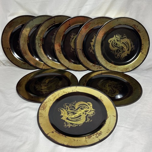 Vtg tin plates monogram by - plates, x9