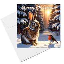 Rabbit Christmas Card  (15cm x 15cm) With Envelope, Rabbit & Robin