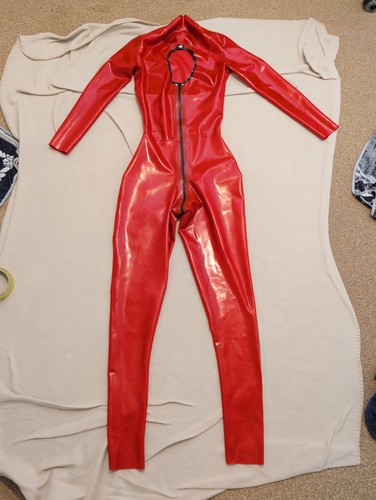 Red latex rubber catsuit front - latex,