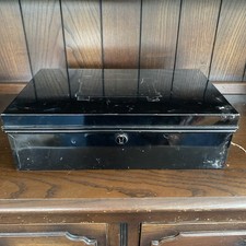 Vintage Black Metal Cash / Deed / Document Storage Box with Keys Lock & Handles