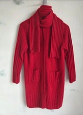 Emrecco Red Long Cardigan Coatigan Scarf Set Size 14 Lambswool Angora Knit