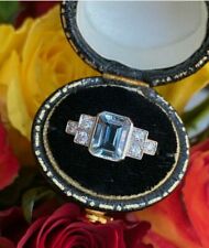 Vintage Style Art Deco Aquamarine & Diamond Ring 14K White Gold Finish 925 SS