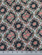 Vintage Peter Pan Christmas Cotton Fabric Pink, Red Poinsettia Black. 1 Yd 20 In