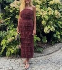 Zara Strapless Tulle Dress With Fringing Slit At Back Brown S RRP $89 Bloggers