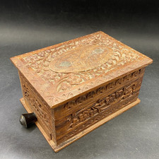 Cigarette Dispenser Caddy Vintage Indian Carved 6" Wooden Box with Drawer