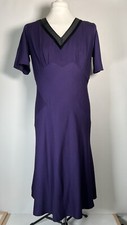 Nancy Mac Purple Midi Dress Size 3 UK 12 14 Tie Waist Viscose Velvet Trim Flared