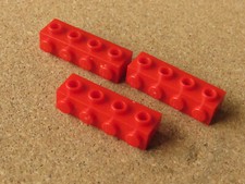 3 RED LEGO 1x4 BRICKS MODIFIED WITH SIDE STUDS. PART NUMBER 30414 OLD STOCK.