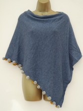 WHITE STUFF BLUE MUSTARD POM POM TRIM PONCHO SCARF CAPE NEW ONE SIZE WOOL MIX