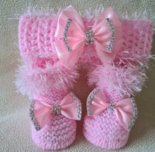 Hand knitted Romany Bling baby girls booties/shoes/Crochet headband.Newborn