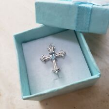 Brazilian Sky Blue Topaz and Cambodian Zircon Sterling Silver Cross Pendant, New