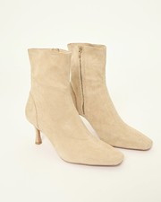 Beige Real Suede Leather Women’s Ankle Boots Low Heel Zip Up, New In Box UK5 
