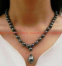 Natural 8mm Round South Sea Shell Pearl 12x16mm Drop Pendant Necklace 18 Inch