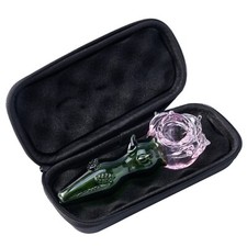 RORA Flower Glass Pipe Pink with Green Recycler Spoon Pipes Portable Small Pipes