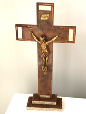 Vintage Walnut and Brass Altar Crucifix Cross