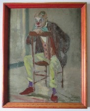 Antique Vintage Seated Clown Portrait Oil Painting Signed Framed