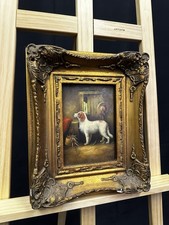 Charming Vintage Dog Painting In Ornate Frame - Signed By G.Roy