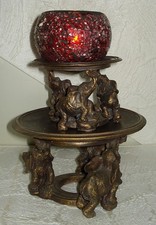 Vintage Two-Tier Elephant Plant Stand + Red Glass Crackle Tea Light Holder 19cm