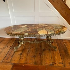 Vintage Marble Onyx Coffee Table Regency Style Gold Metal Ornate Legs Coastal