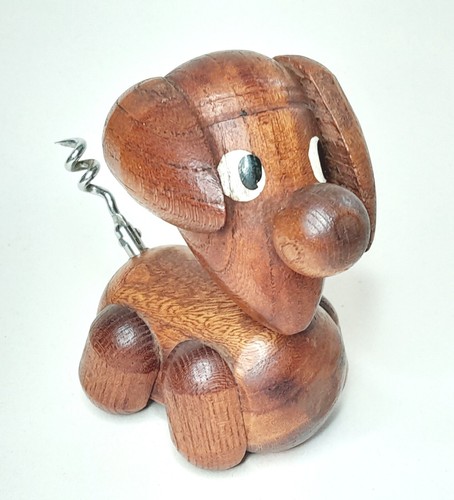 Vtg mcm wooden dog - wooden, corkscrew