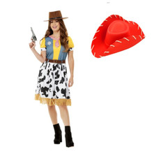 NEW Western Cowgirl Costume Jessie Ladies Toy Story Fancy Dress Costume Free Hat