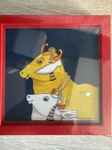 Framed cow calf folk art - framed,