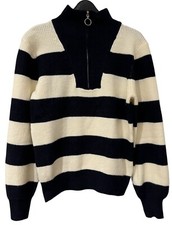 Naf Naf Quarter Zip Collared Knitted Striped Jumper Navy/White RRP £49.99