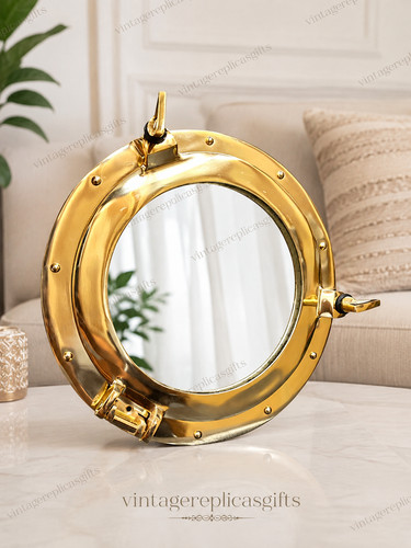 Vintage brass porthole mirror - brass,