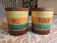 2 Vintage Pottery Storage Jars by Elliott & Spear  orange green brown Retro 