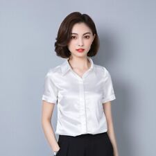 Lady Short Sleeve Blouse Shirt Top Faux Silk Satin Business Formal Shiny Office