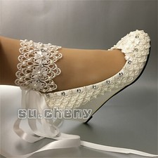 su.cheny Light ivory white pearls rhinestone lace wedges Wedding Bridal shoes