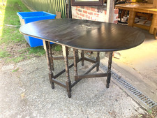 Vintage Heavy Dark Wooden Oval Drop Leaf Kitchen Dining Table