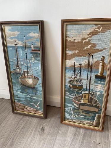 Pair vintage tapestry ship - pair,