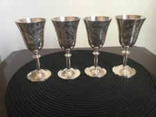 Set of 4 Vintage Hand Engraved Floral Design EPNS Silver Plated Goblets