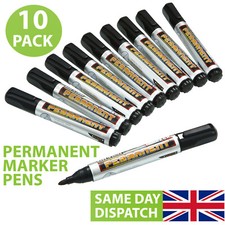 10 PERMANENT MARKER MARKING FELT PEN CHISEL BULLET TIP BLACK WATERPROOF BROAD