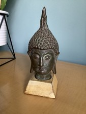 Thai Bronze Buddha Head on Wooden Base