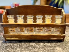 Vintage Wood Spice Rack with 6 Glass Apothecary Spice Jars & labels 60's Japan