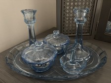Vintage 6 Piece Blue Glass Dressing Table Set Art Deco 1930