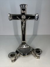 Vintage West German Metal Altar Crucifix Cross Candle Holders INRI