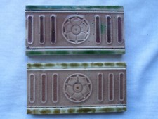 2 Old Majolica Victorian / Edwardian Pink + Green moulded Border half tiles 6"x3