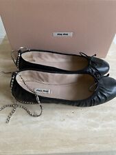 Miu Miu Black Leather Ballerinas With Jewelled Ankle Chain Size 39