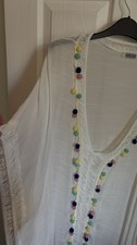 Gorgeous White Cotton Kaftan Beach Cover Up With Coloured Pom Poms
