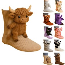 8PCS 3D Knit Animal Socks Highland Cow Hand Crocheted Double Layer Cotton Warm