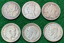 6 x 1886 - 1938 Silver Threepence 3d Coins 6 Busts Victoria to George VI