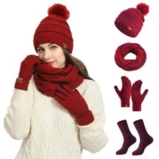 Hat Scarf and Gloves Set Ladies, Winter Beanie Hat for Women with Pom Pom Fleece