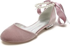 Hyinlays Women's Velvet Pumps Ankle Strap Closed Toe Flats with Pearls... 