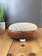 ANTIQUE INLAID DIAMOND TAPESTRY LOW FOOT STOOL POUFFE OLD ENGLISH COUNTRY HOUSE