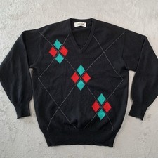 Lyle & Scott Jumper Mens 44 Black Argyle Lambswool 100% V Neck Golf Hawick Wool